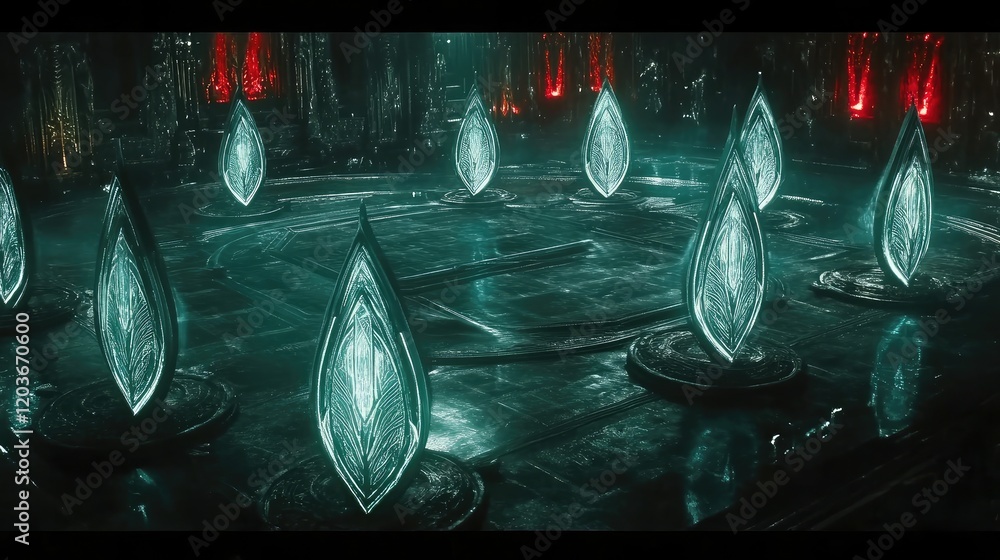 Poster shield holograms floating across a dark, matrix-style grid.