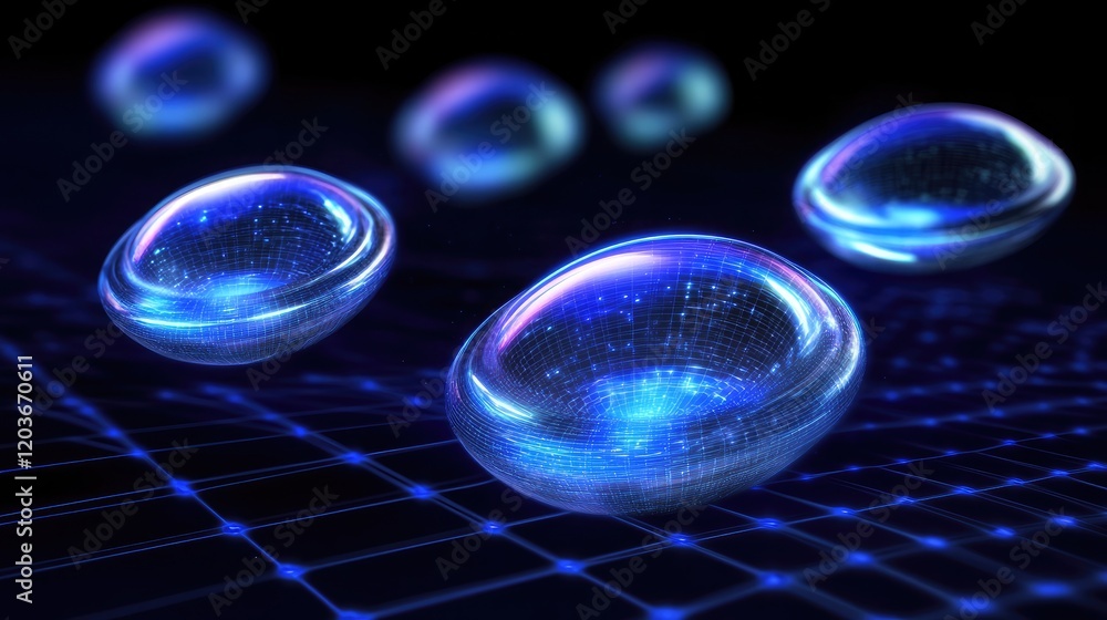 Poster shield holograms floating across a dark, matrix-style grid.