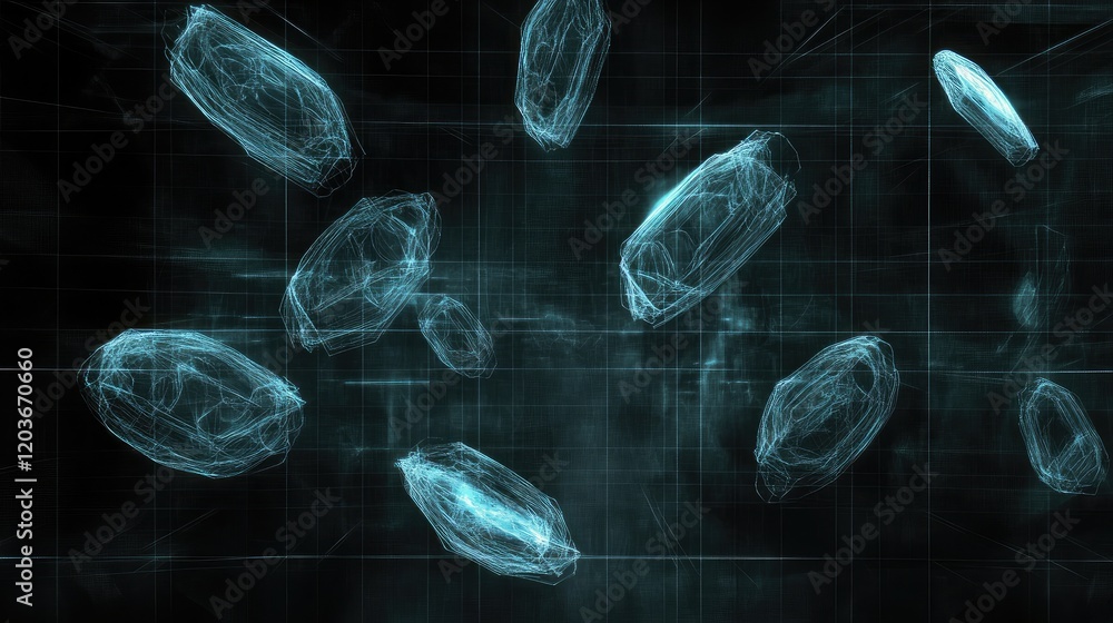 Poster shield holograms floating across a dark, matrix-style grid.