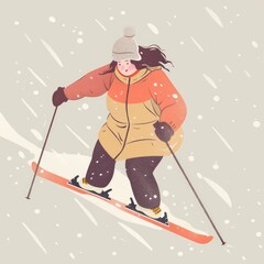 A young chubby woman of large size is skiing in the snow. An active lifestyle. A winter sport.