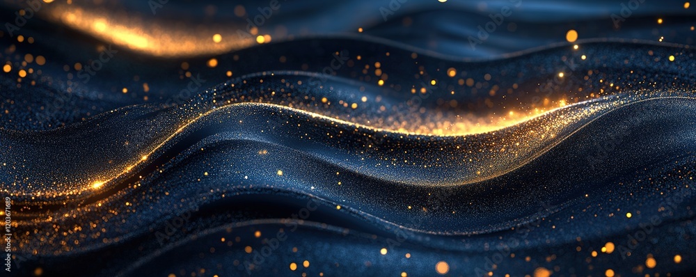 Poster dynamic waves of golden sparkles abstract art digital design surreal environment close-up view elega