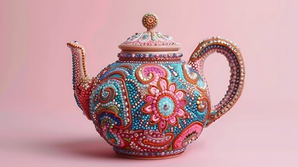 Ornate teapot with intricate beadwork design on pink background
