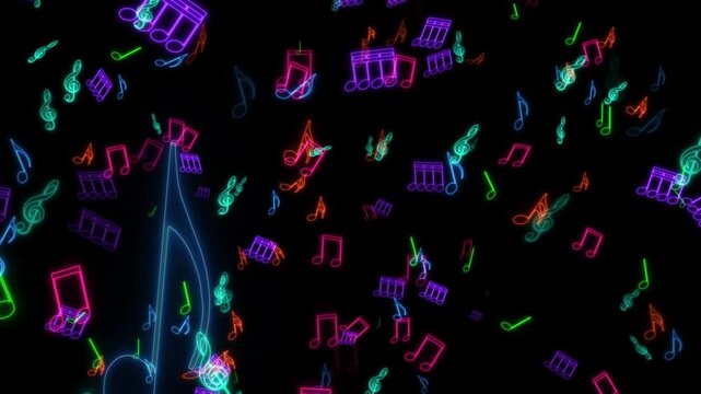Bright neon music notes flying wildly. Bright music background. Looping animation of musical notes rising, creating a visually appealing effect, symbolizing music and rhythm. Seamless animation