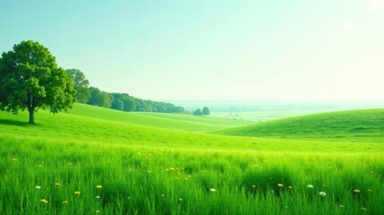 Obraz premium Serene Meadow Landscape A Solitary Tree Stands Sentinel Over Rolling Green Hills, Dotted with Wildflowers Under a Clear Sky