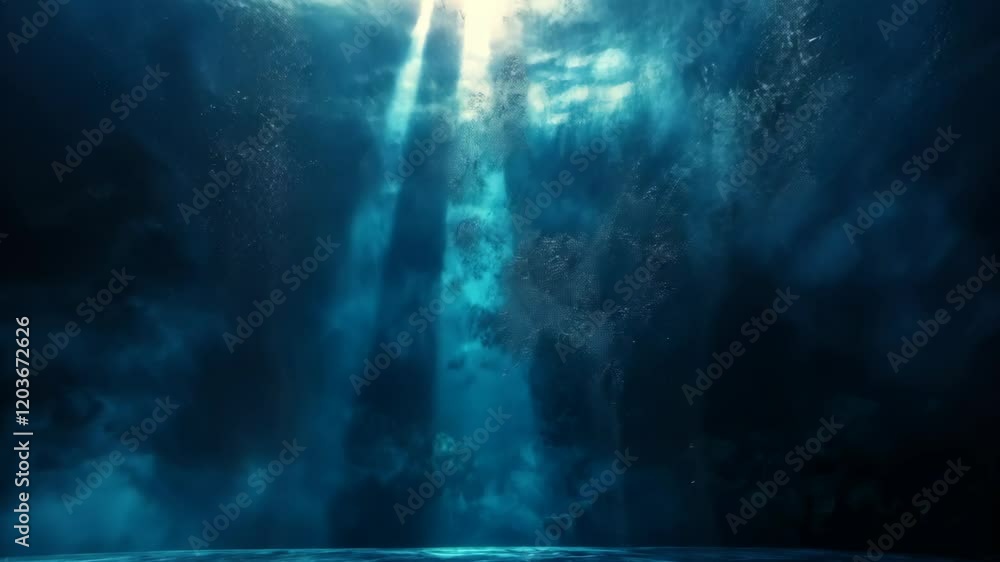 Poster light beams penetrate the surface of a deep ocean, creating an ethereal underwater atmosphere