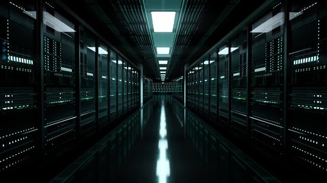 Inside Large Data Center. Advanced Cloud Computing Concept. Corridor With Server Racks And Cabinets Full Of Hard Drives