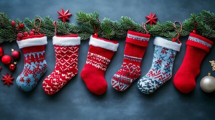 Oversized socks with festive ornaments on gray background
