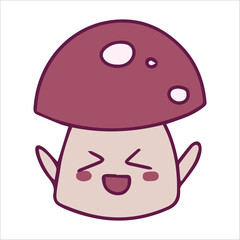  A grumpy cartoon mushroom with furrowed eyebrows, red cap with white dots, and a pouty expression. Cute yet cranky