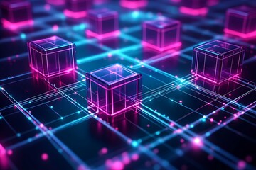 Abstract digital representation of interconnected cubes with glowing lines and vibrant colors.