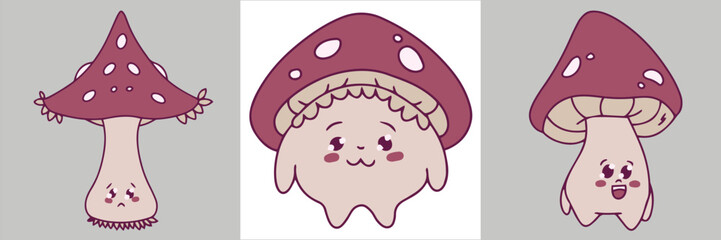 A whimsical design featuring a pair of cartoon mushrooms with red caps and white dots, drawn in a cute and minimalist style