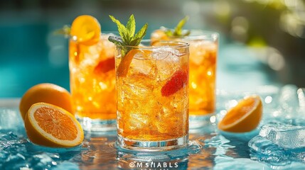 Fototapeta premium Refreshing orange cocktails with ice and mint served by the pool perfect for a summer day