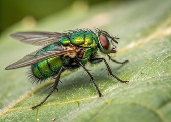 Emerald Green Dung Fly Macro Photography: Detailed Portrait of Insect