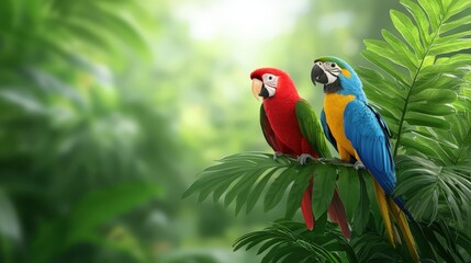 Obraz premium Two colorful parrots perched on a branch in a vibrant natural setting