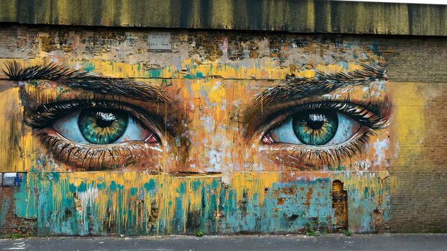 Vibrant street art featuring expressive eyes on an urban wall in a city setting