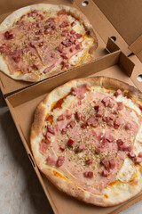 Pizza na caixa de papel&atilde;o com queijo mozarela e v&aacute;rios sabores e condimentos, feita de massa fina, farinha