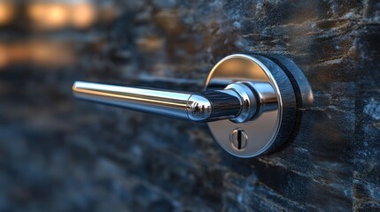 Obraz premium Close-up of a polished door handle on a textured stone wall, showcasing modern design and elegance