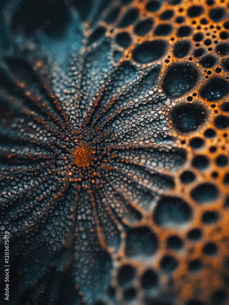 Poster abstract macro close-up of textured bubbles with teal and orange hues, detailed cellular structure, 
