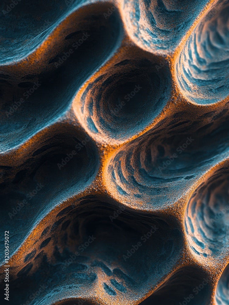 Poster abstract textured surface with deep ridges and contrasting colors, close-up view.
