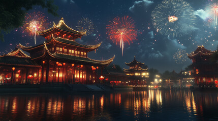 A stunning nighttime scene of traditional Chinese pavilions illuminated with golden lights and decorated with red lanterns, reflecting beautifully in the calm waters below. Vibrant fireworks light 