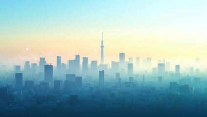 Fototapeta premium Scenic urban skyline silhouette at dawn, showcasing modern architecture, hazy atmosphere, and the iconic tower in the background against a soft pastel sky.
