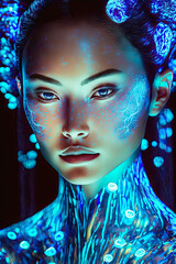 Neon Goddess. Generative AI, non-existent person.	