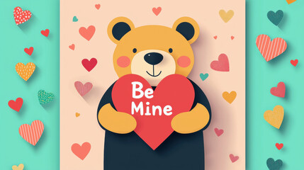 Heart shaped, Cute bear holding a red heart with "Be Mine" text, surrounded by colorful hearts on a pastel background, perfect for Valentine's Day.