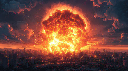 A huge fiery explosion, lightning flashing frighteningly, destroyed the city