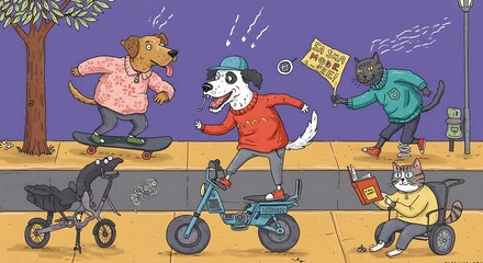 Naklejka premium Playful Cartoon Animals in Human Clothes Riding Skateboard and Reading Book in Fun Activities Generative AI