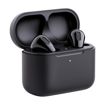 Wireless earbuds in sleek black charging case, featuring modern and compact design