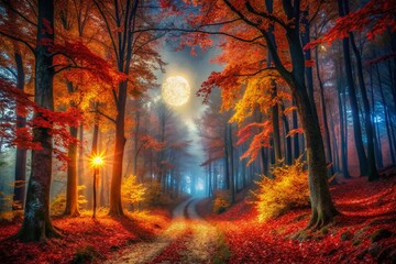 Fototapeta premium Enchanting Autumn Forest Night - Mystical Moonlight Illuminates Colorful Fall Foliage