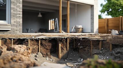 Exposed foundation with soil removed, highlighting repair needs.