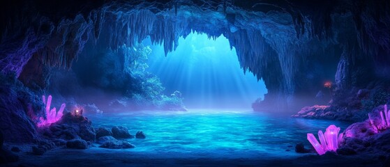 Fototapeta premium Enchanting mystical cave with bioluminescent fungi for fantasy designs and nature themes