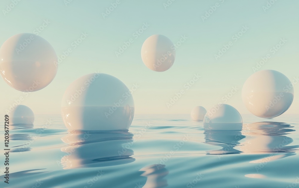 Poster serene abstract minimalist scene of floating white spheres on calm water with soft light.