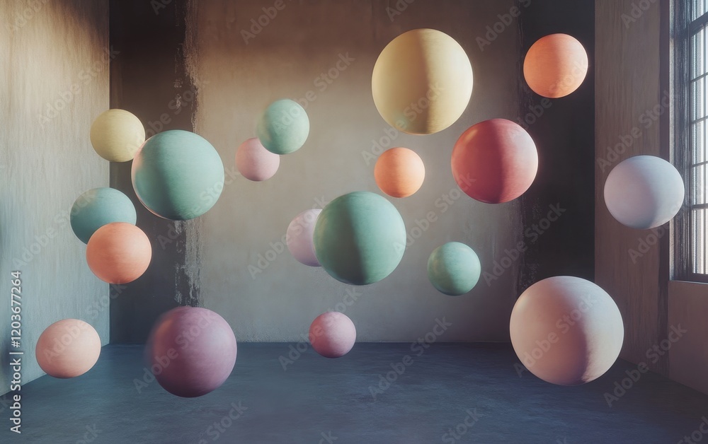 Poster abstract floating spheres in room, conceptual 3d rendering.