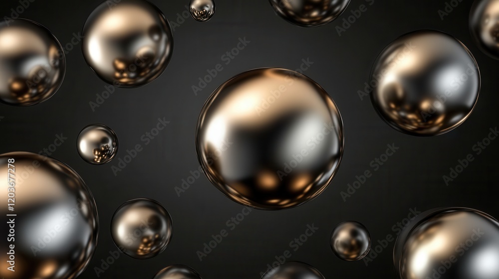 Poster abstract 3d rendering of chrome spheres floating on dark background.