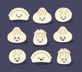 Set of kawaii dumplings, Xiao Long Bao, Siu Mai, Baozi, vareniki, gyoza, mandu, pelmeni, khinkali, pierogi Vector stylized line art elements