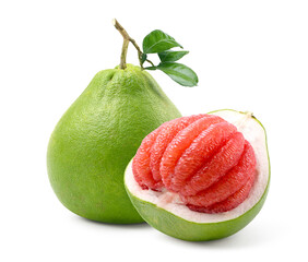 Pomelo fruit (Red pomelo, tubtim siam or ruby siam) with cut in half isolated on white.