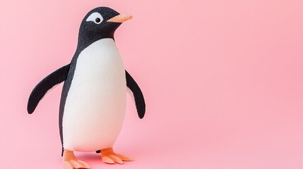 Fototapeta premium Plastic penguin with flippers out on pink background