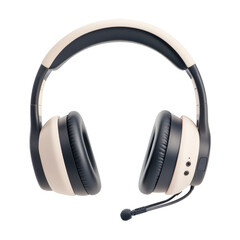 Wireless over ear headphones with detachable microphone, featuring sleek black and beige design