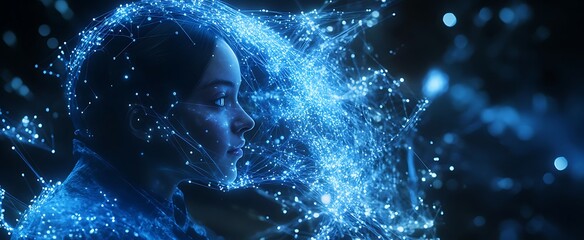 A digital representation of a person's profile intertwined with glowing data particles
