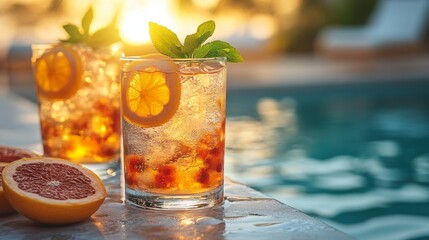 Refreshing citrus cocktails poolside at sunset, a summer beverage with sparkling bubbles and garnishes, perfect for a relaxing vacation moment