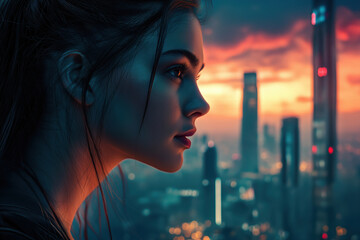 Beautiful girl in profile, at sunset, against the backdrop of a futuristic city. Romantic fantasy landscape