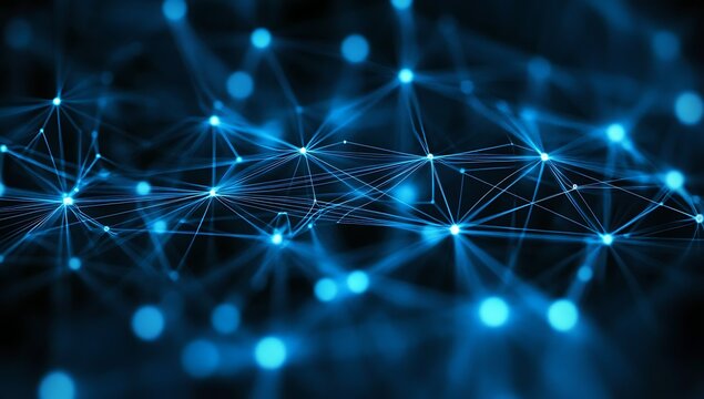 A network of glowing blue nodes interconnected by lines, representing technology and data flow.