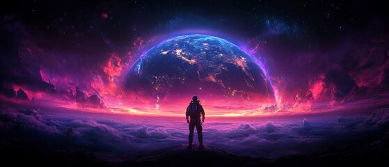 Fototapeta premium Futuristic earth monitoring with satellite data and cosmic vibrance ideal for technology and space exploration themes