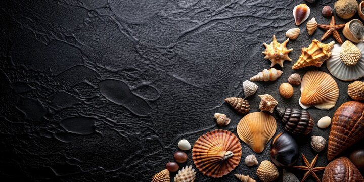 Elegant Fashion Still Life with Black Textured Background and Ocean Shells for Stylish Visuals