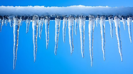 Long icicles hang from roof edge against crystal clear blue sky, displaying frozen water droplets and transparent ice formation with dramatic natural lighting in winter scene.