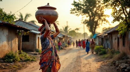 Rural Woman Carrying Clay Pot at Sunset in a Traditional Village