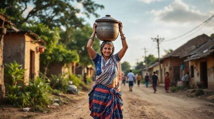 Rural Woman Carrying Clay Pot at Sunset in a Traditional Village