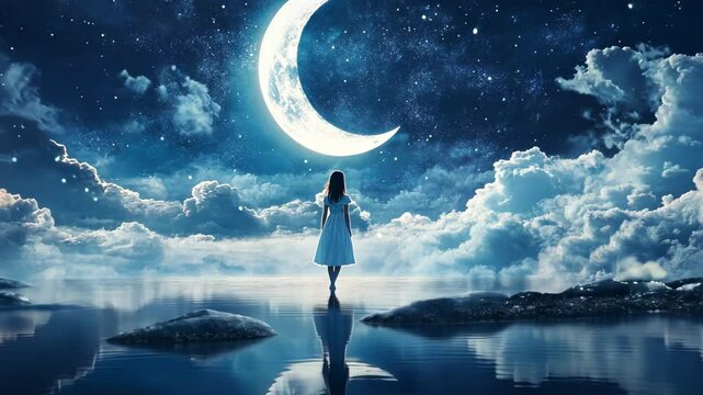 A girl stands on the water, looking at the crescent moon in the sky, in a fantasy world with a fantasy-style background, blue tones, and a dreamy atmosphere. 