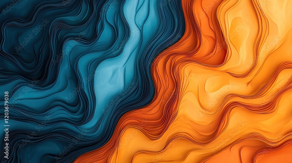 Poster abstract waves of blue and orange blend seamlessly, creating a vibrant and dynamic visual texture.